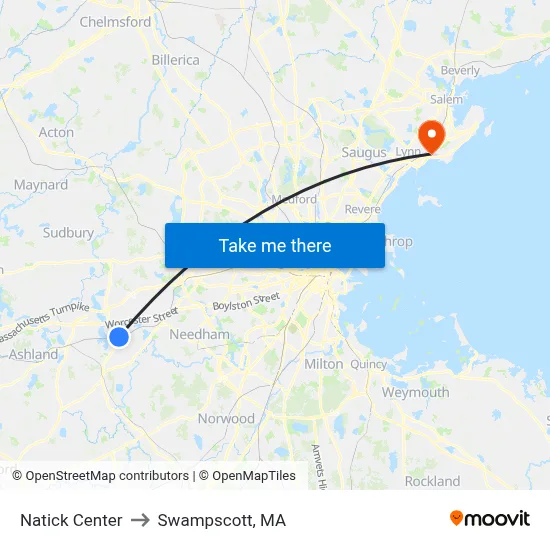 Natick Center to Swampscott, MA map