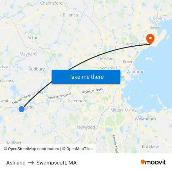 Ashland to Swampscott, MA map