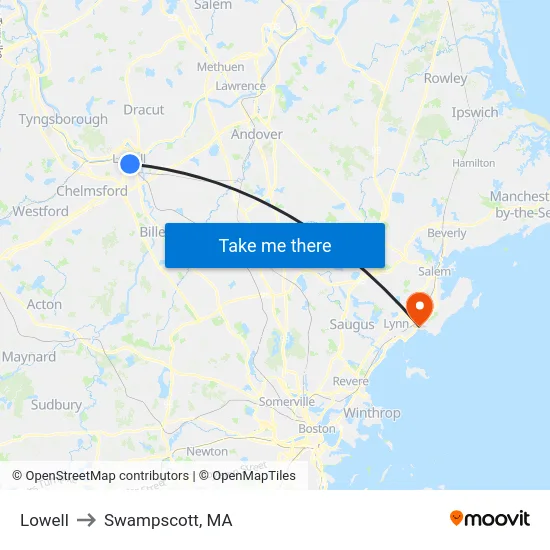 Lowell to Swampscott, MA map
