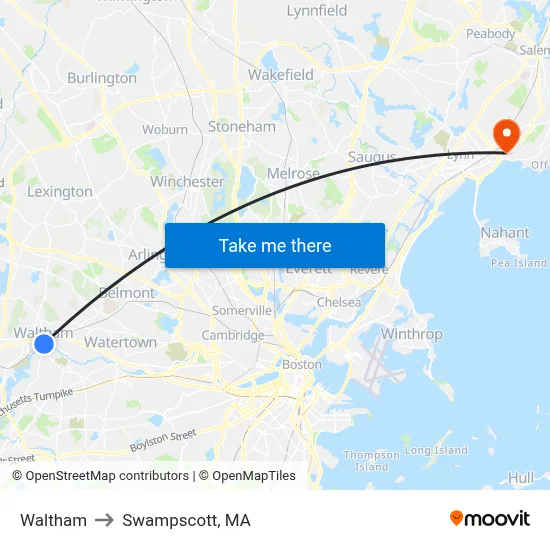 Waltham to Swampscott, MA map