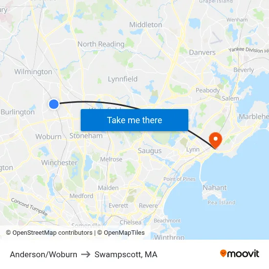 Anderson/Woburn to Swampscott, MA map