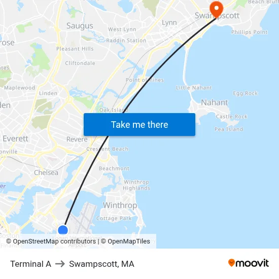 Terminal A to Swampscott, MA map