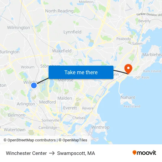 Winchester Center to Swampscott, MA map