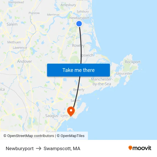 Newburyport to Swampscott, MA map