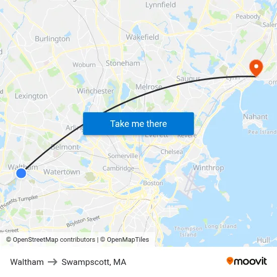 Waltham to Swampscott, MA map