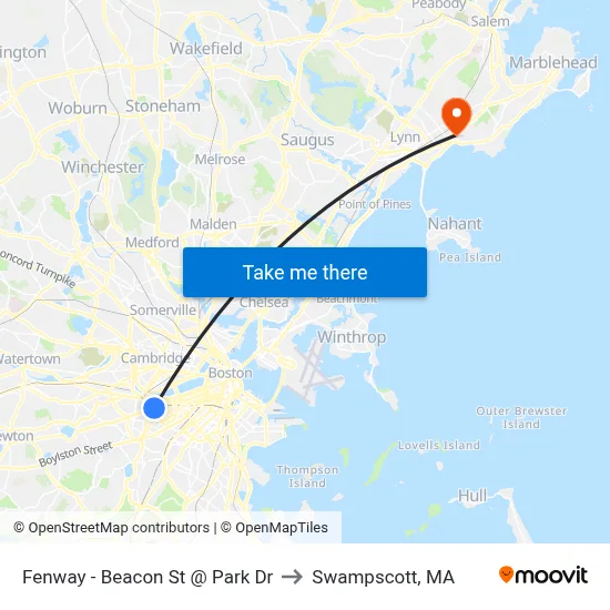 Fenway - Beacon St @ Park Dr to Swampscott, MA map