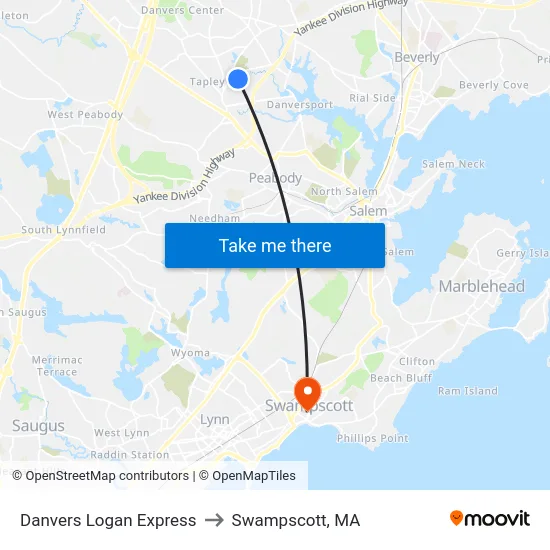Danvers Logan Express to Swampscott, MA map