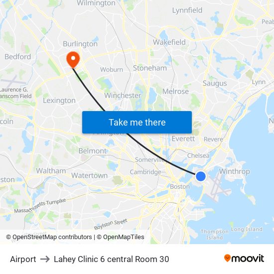 Airport to Lahey Clinic 6 central Room 30 map