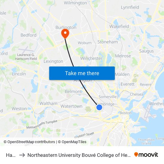 Harvard to Northeastern University Bouvé College of Health Sciences School of Nursing map