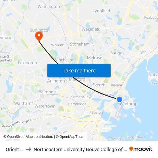 Orient Heights to Northeastern University Bouvé College of Health Sciences School of Nursing map