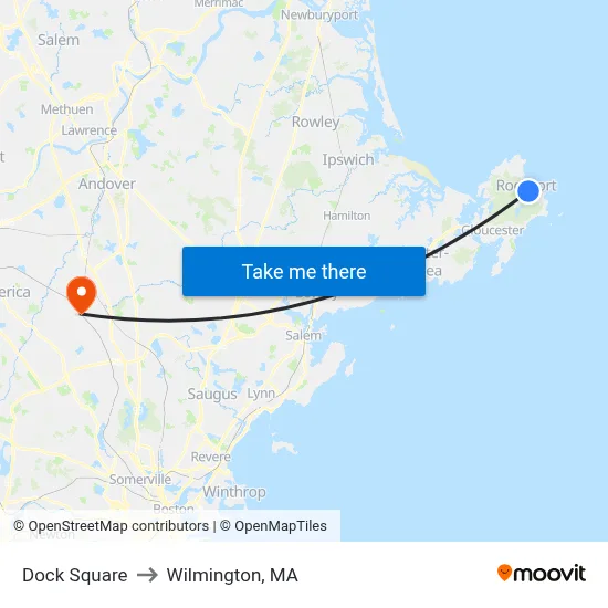 Dock Square to Wilmington, MA map
