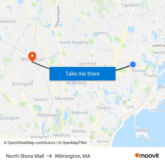 North Shore Mall to Wilmington, MA map