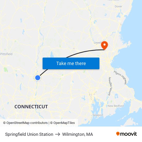 Springfield Union Station to Wilmington, MA map
