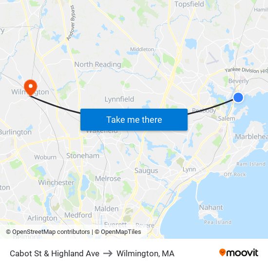 Cabot St & Highland Ave to Wilmington, MA map