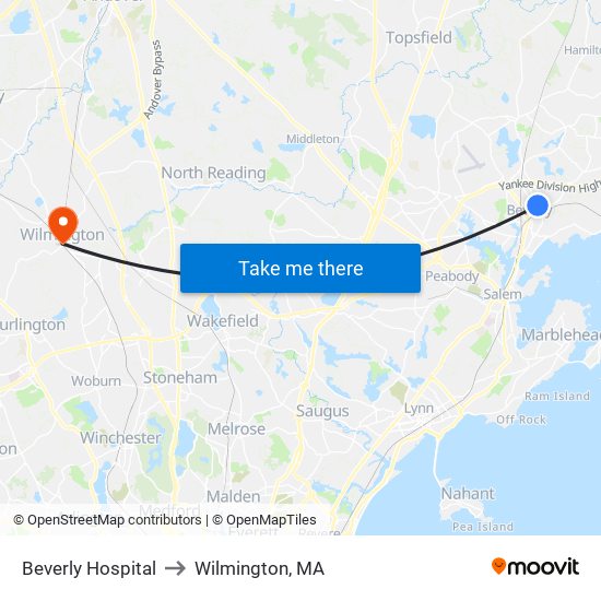 Beverly Hospital to Wilmington, MA map