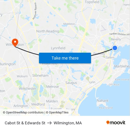 Cabot St & Edwards St to Wilmington, MA map