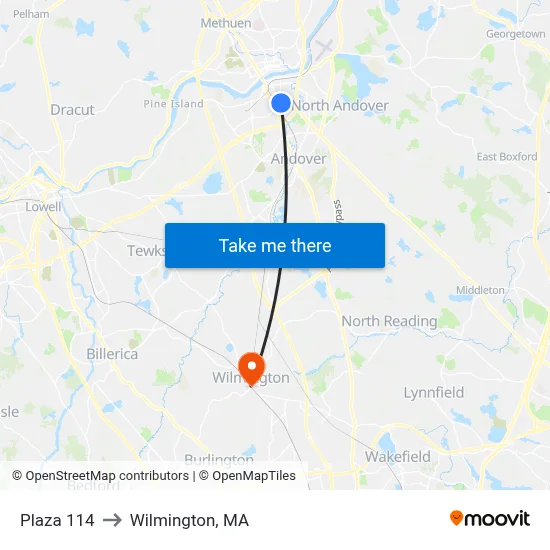 Plaza 114 to Wilmington, MA map