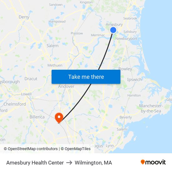 Amesbury Health Center to Wilmington, MA map