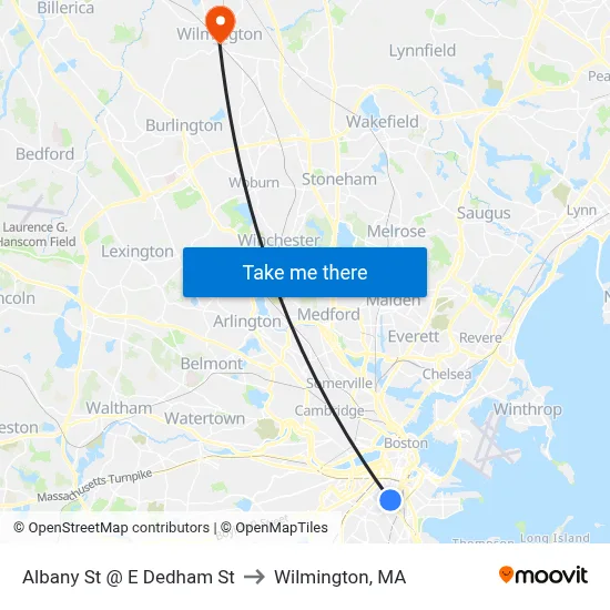 Albany St @ E Dedham St to Wilmington, MA map