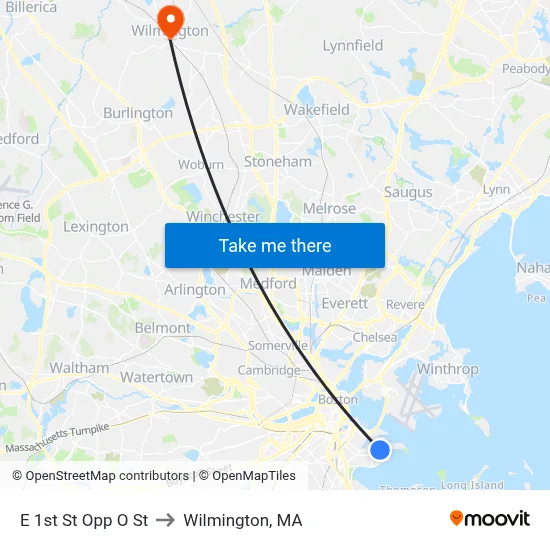 E 1st St Opp O St to Wilmington, MA map