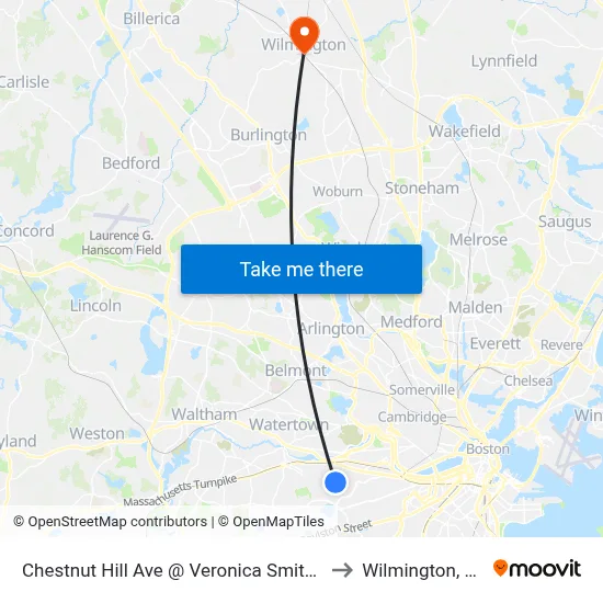 Chestnut Hill Ave @ Veronica Smith Ctr to Wilmington, MA map