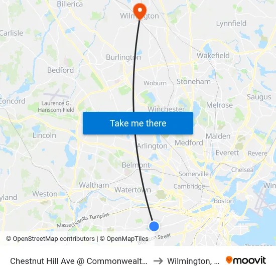 Chestnut Hill Ave @ Commonwealth Ave to Wilmington, MA map