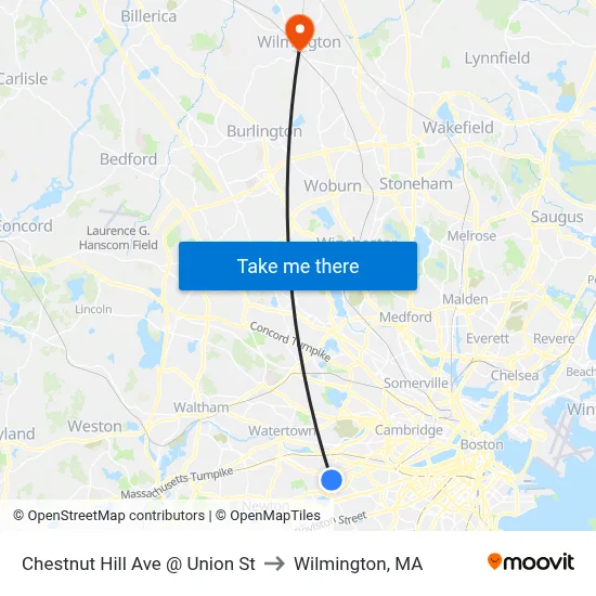 Chestnut Hill Ave @ Union St to Wilmington, MA map