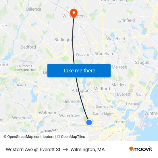 Western Ave @ Everett St to Wilmington, MA map
