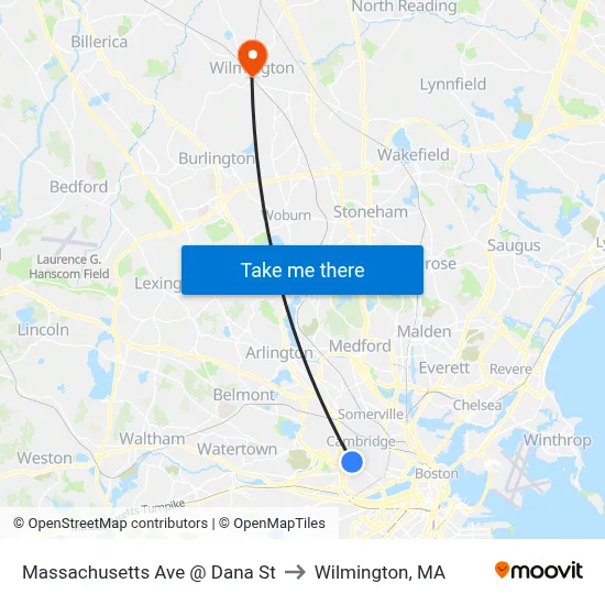 Massachusetts Ave @ Dana St to Wilmington, MA map