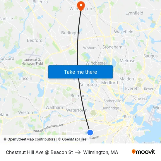 Chestnut Hill Ave @ Beacon St to Wilmington, MA map