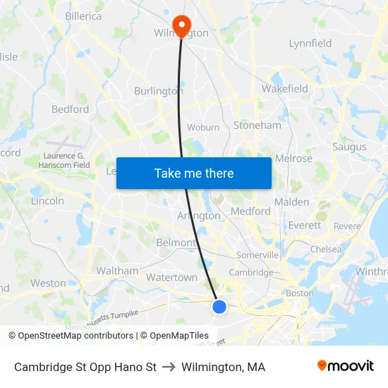 Cambridge St Opp Hano St to Wilmington, MA map