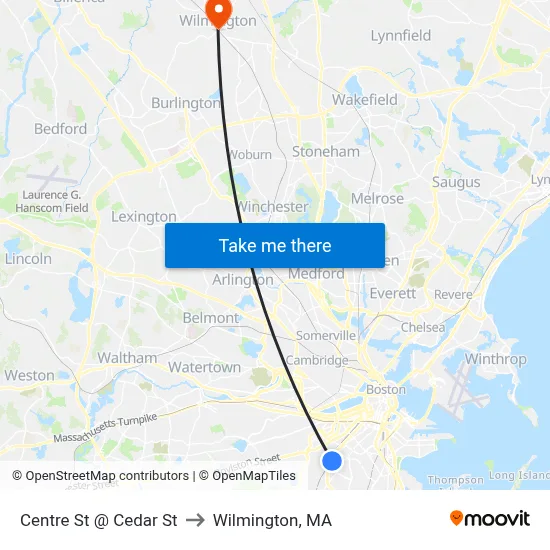Centre St @ Cedar St to Wilmington, MA map