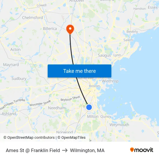 Ames St @ Franklin Field to Wilmington, MA map