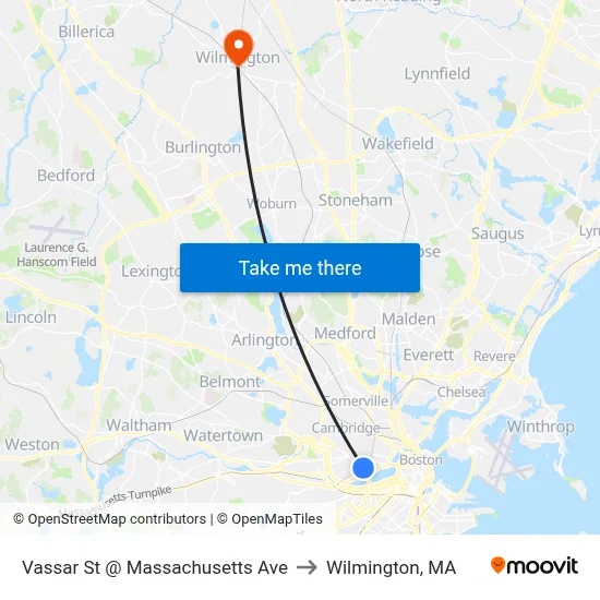 Vassar St @ Massachusetts Ave to Wilmington, MA map