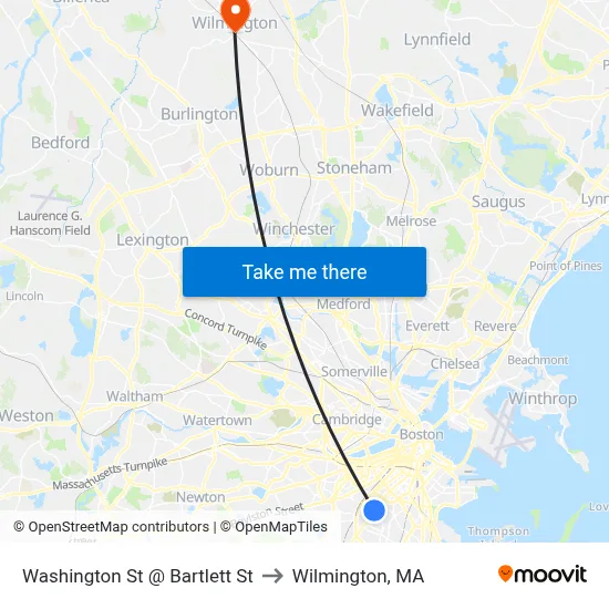 Washington St @ Bartlett St to Wilmington, MA map