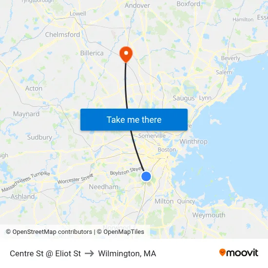 Centre St @ Eliot St to Wilmington, MA map