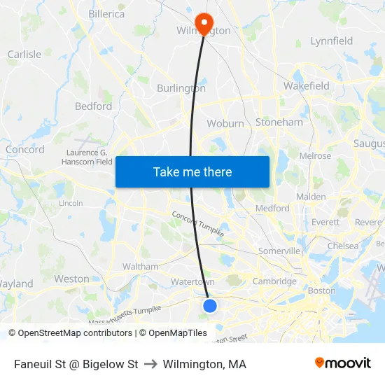 Faneuil St @ Bigelow St to Wilmington, MA map