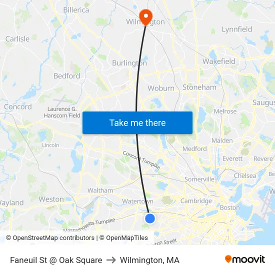 Faneuil St @ Oak Square to Wilmington, MA map