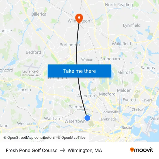 Fresh Pond Golf Course to Wilmington, MA map