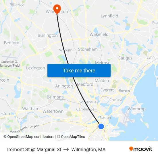 Tremont St @ Marginal St to Wilmington, MA map