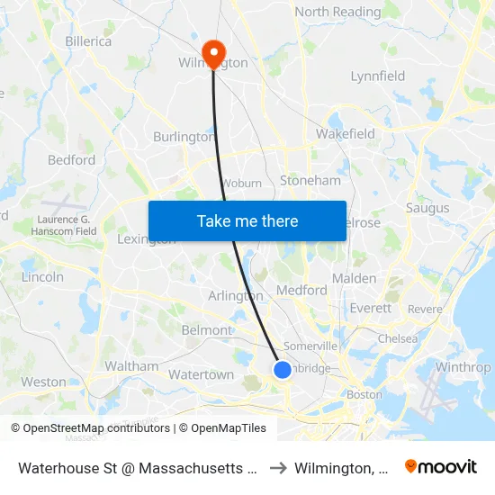 Waterhouse St @ Massachusetts Ave to Wilmington, MA map