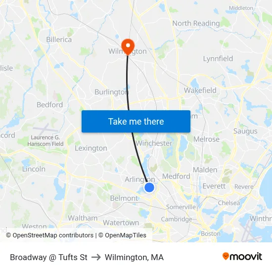 Broadway @ Tufts St to Wilmington, MA map