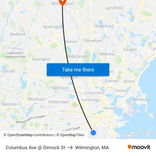 Columbus Ave @ Dimock St to Wilmington, MA map