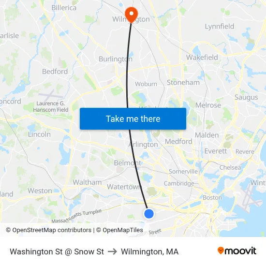Washington St @ Snow St to Wilmington, MA map