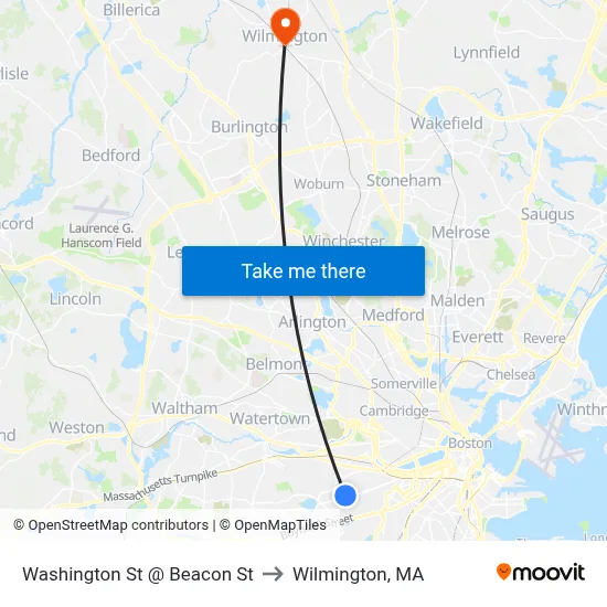 Washington St @ Beacon St to Wilmington, MA map