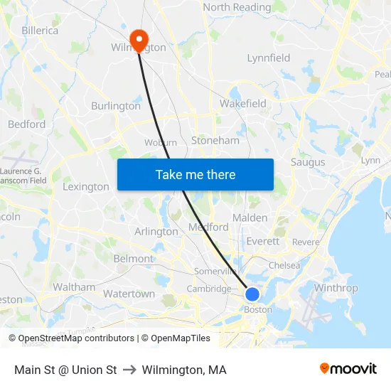 Main St @ Union St to Wilmington, MA map