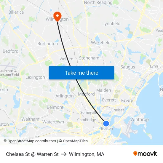 Chelsea St @ Warren St to Wilmington, MA map