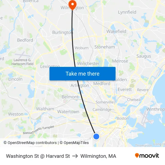 Washington St @ Harvard St to Wilmington, MA map
