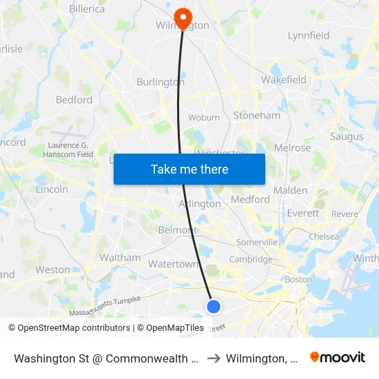 Washington St @ Commonwealth Ave to Wilmington, MA map