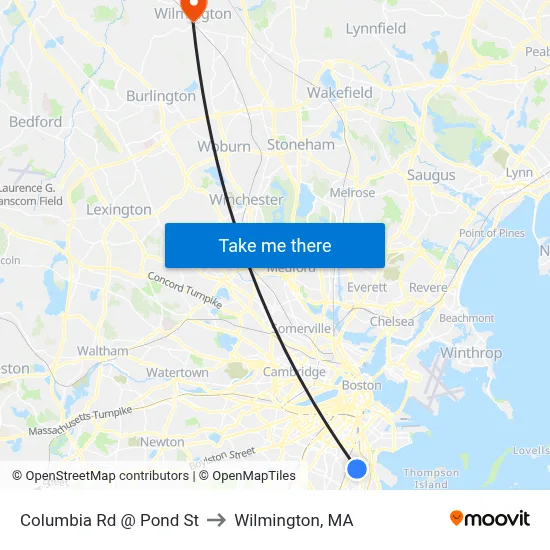 Columbia Rd @ Pond St to Wilmington, MA map